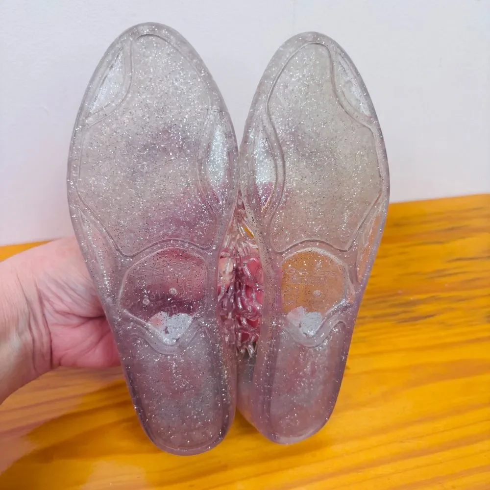 VTG Y2K Grendene Jelly Flats Sparkle‎ Flower Accent Shoes Girls Sz 13 Brazil